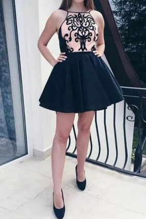 A-Line Bateau Appliques Sleeveless Short Homecoming Dress Mini Black Dresses