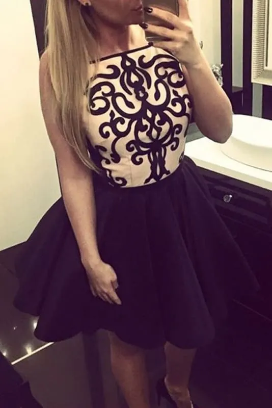 A-Line Bateau Appliques Sleeveless Short Homecoming Dress Mini Black Dresses