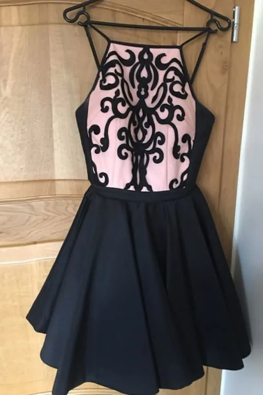 A-Line Bateau Appliques Sleeveless Short Homecoming Dress Mini Black Dresses
