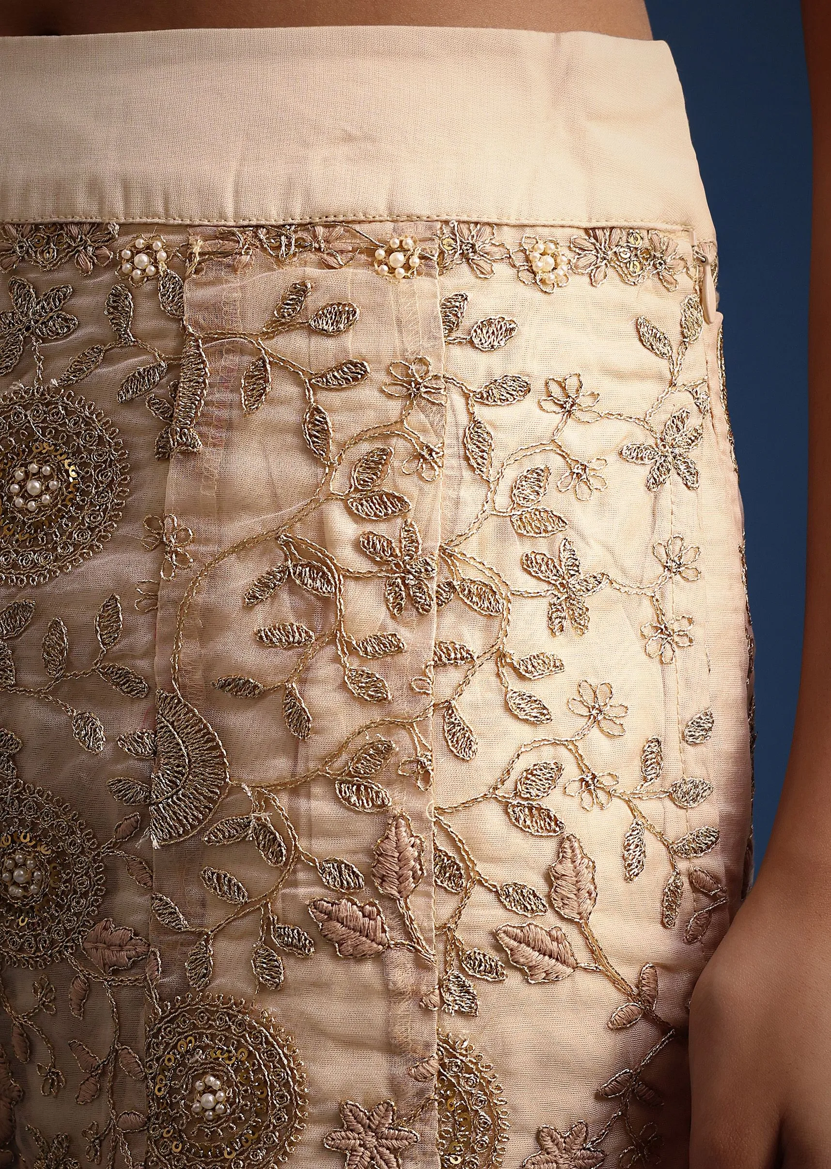 Beige Organza Zari Crop Top With Jacket And Palazzos