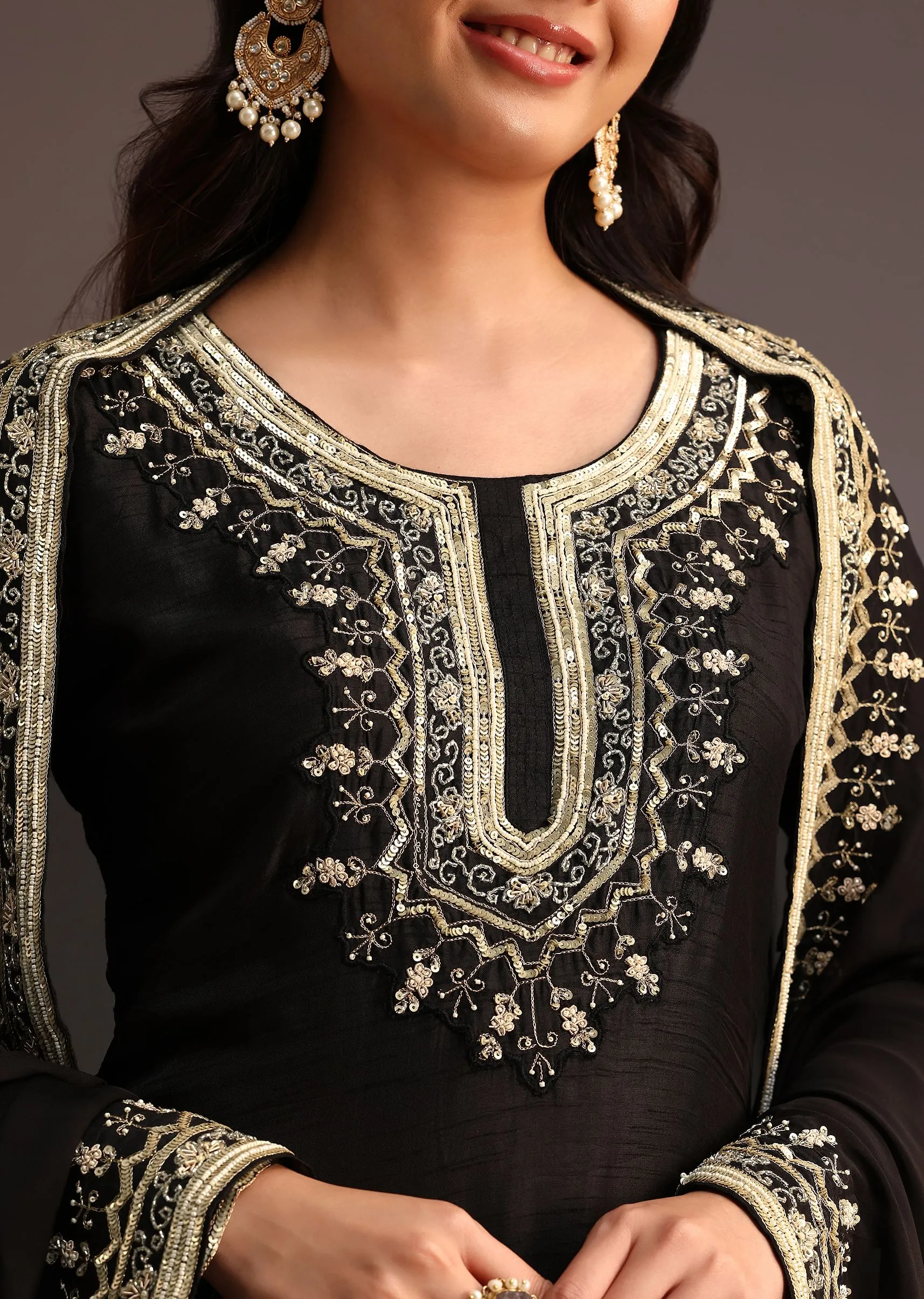 Black Embroidered Palazzo Suit With Chanderi Dupatta