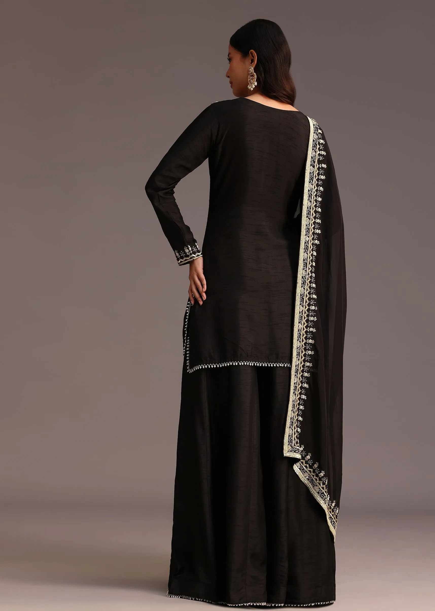 Black Embroidered Palazzo Suit With Chanderi Dupatta