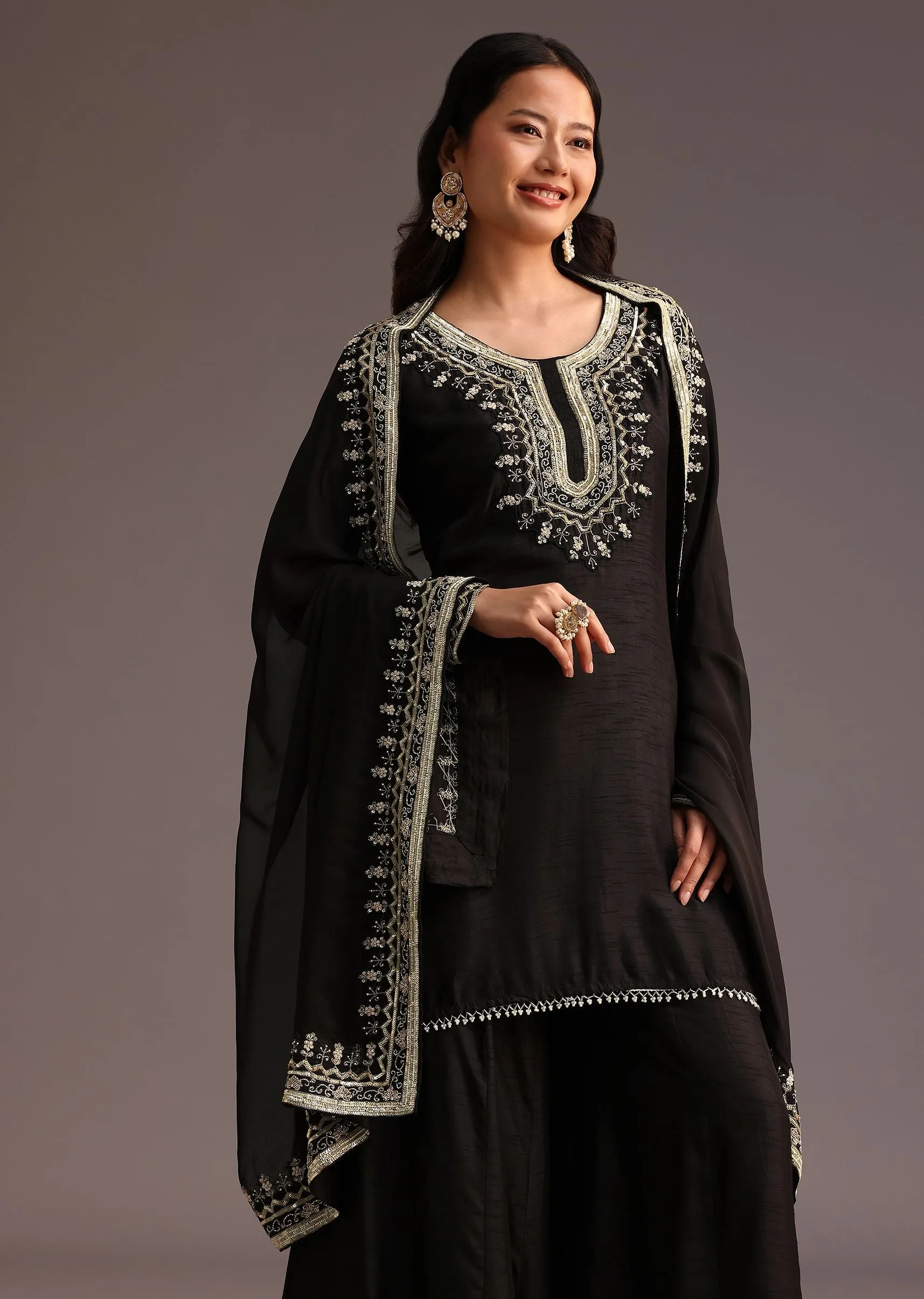 Black Embroidered Palazzo Suit With Chanderi Dupatta