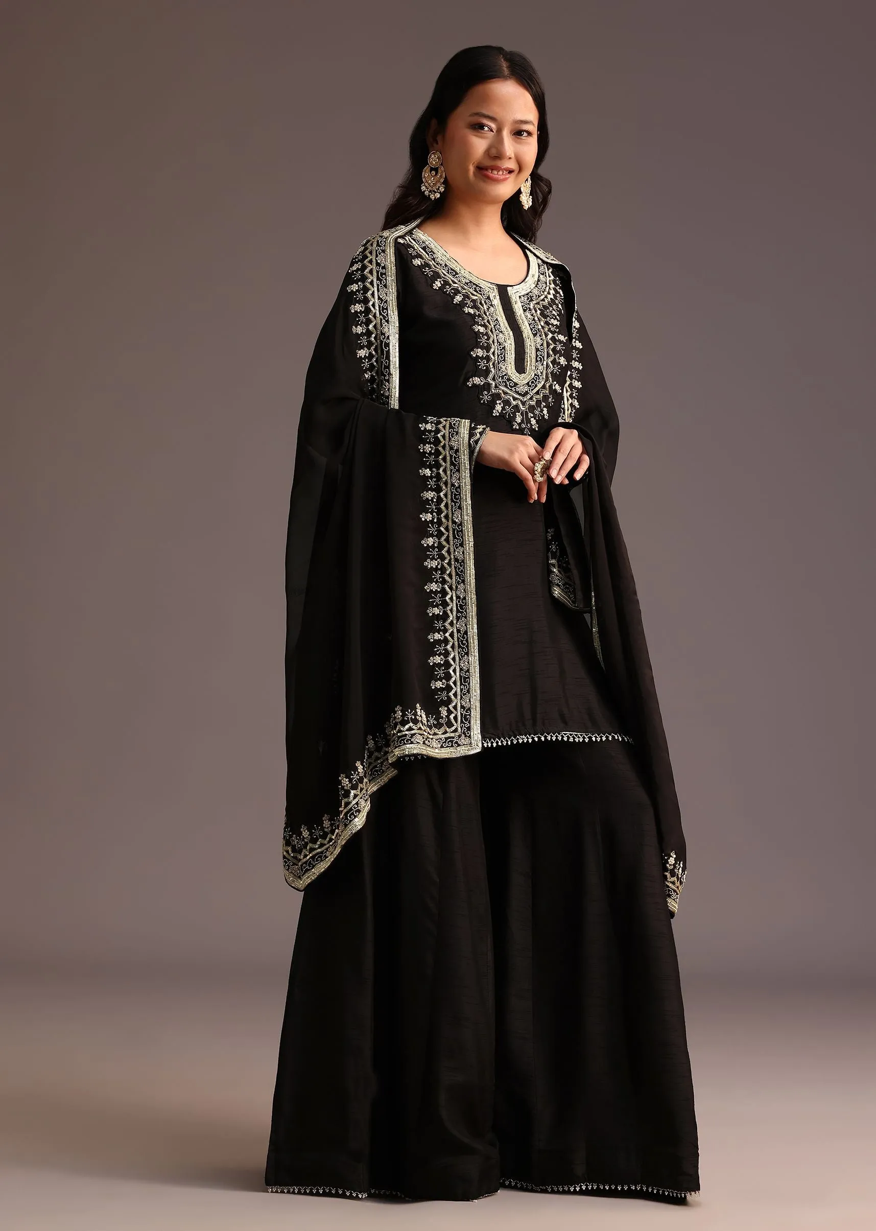 Black Embroidered Palazzo Suit With Chanderi Dupatta
