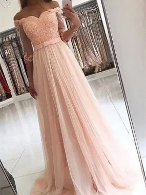 Bridelily A-Line 3/4 Sleeves Off-The-Shoulder Tulle With Sash/Ribbon/Belt Sweep/Brush Train Dresses