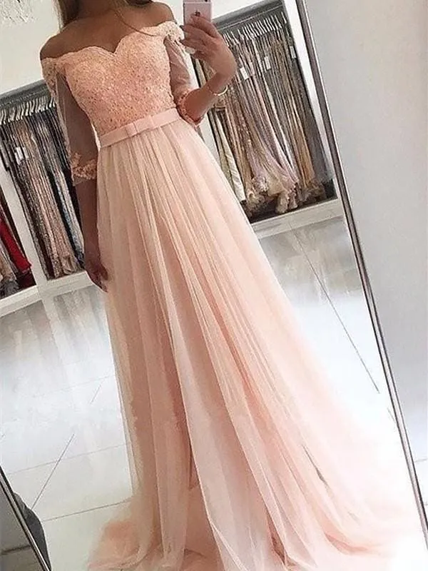 Bridelily A-Line 3/4 Sleeves Off-The-Shoulder Tulle With Sash/Ribbon/Belt Sweep/Brush Train Dresses