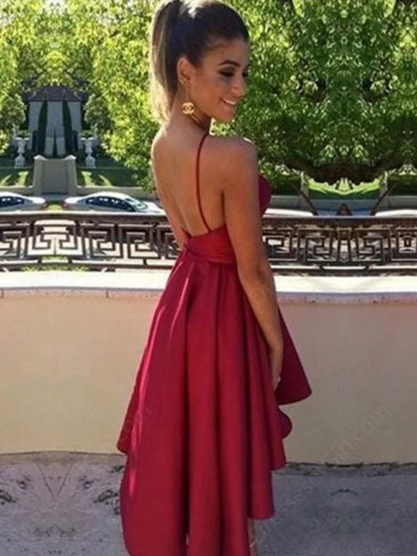 Bridelily A-Line Asymmetrical Ruched Satin Halter Red Party Dresses