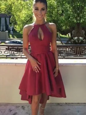 Bridelily A-Line Asymmetrical Ruched Satin Halter Red Party Dresses