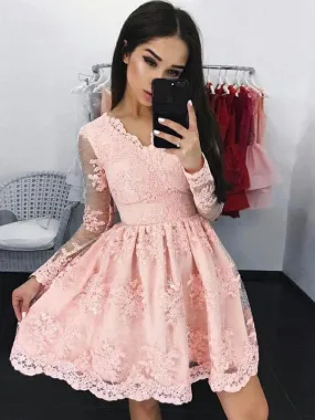 Bridelily A-Line Lace Long Sleeves With Applique V-neck Short/Mini Dresses