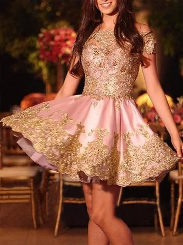 Bridelily A-Line Off-the-Shoulder Sleeveless Short/Mini With Applique Satin Dresses