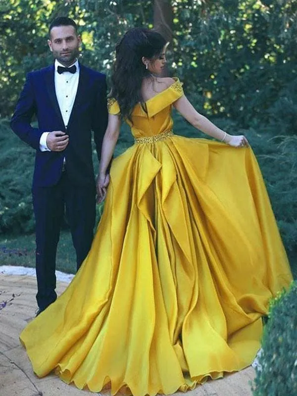 Bridelily A-Line Off-The-Shoulder Sleeveless Sweep/Brush Train With Beading Satin Dresses