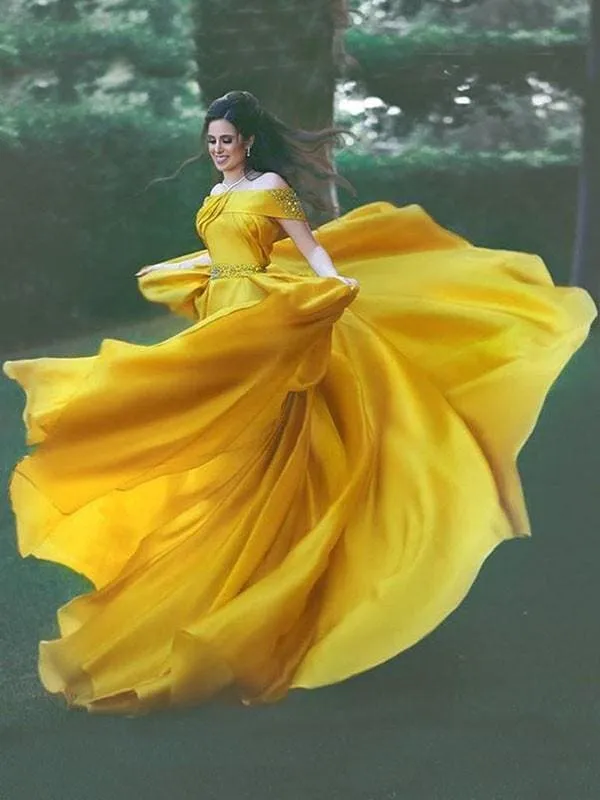 Bridelily A-Line Off-The-Shoulder Sleeveless Sweep/Brush Train With Beading Satin Dresses