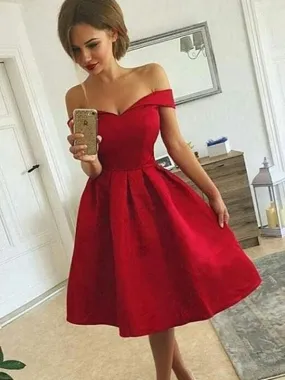 Bridelily A-Line   Ruched Satin Off-the-Shoulder Knee-length Cocktail Dresses