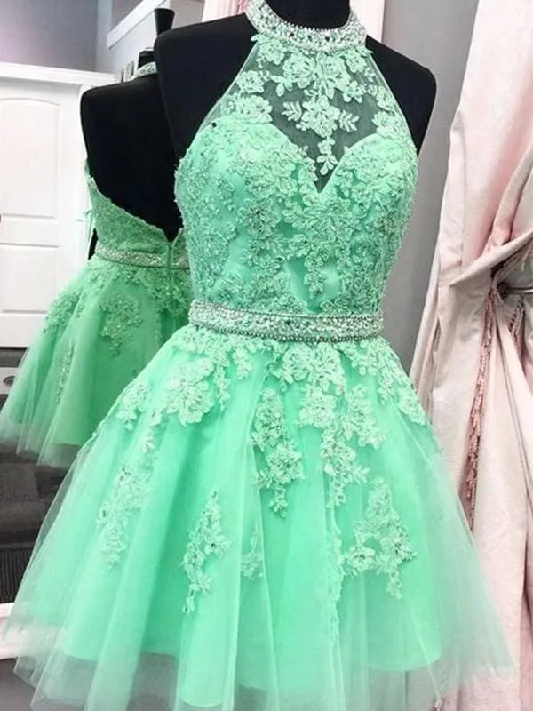 Bridelily A-Line Sleeveless Halter Tulle With Applique Short/Mini Dresses