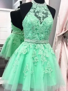 Bridelily A-Line Sleeveless Halter Tulle With Applique Short/Mini Dresses