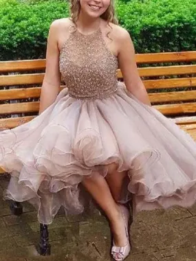 Bridelily A-Line Sleeveless Halter Tulle With Beading Short/Mini Dresses