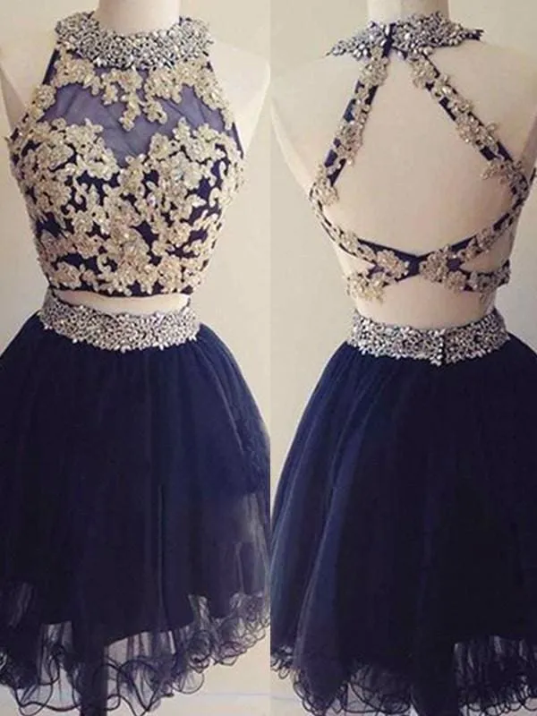 Bridelily A-Line Sleeveless Halter Tulle With Beading Short/Mini Two Piece Dresses