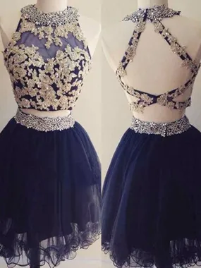 Bridelily A-Line Sleeveless Halter Tulle With Beading Short/Mini Two Piece Dresses