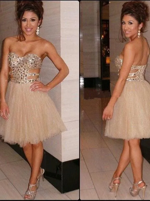 Bridelily A-Line Tulle Sweetheart Sleeveless Short/Mini With Sequin Dresses