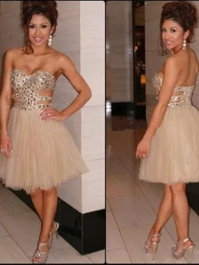 Bridelily A-Line Tulle Sweetheart Sleeveless Short/Mini With Sequin Dresses