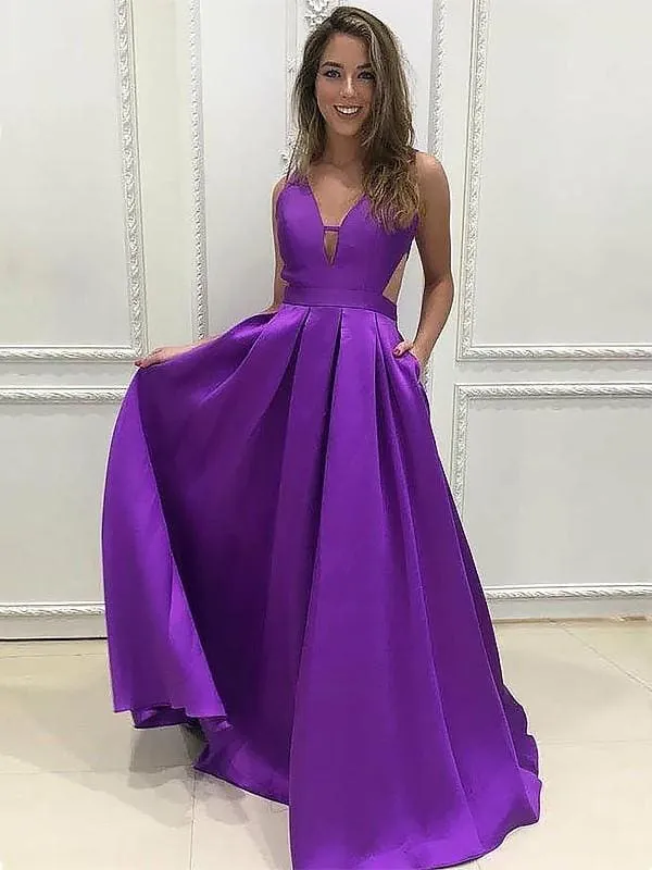 Bridelily A-Line V-Neck Sleeveless With Ruffles Satin Dresses