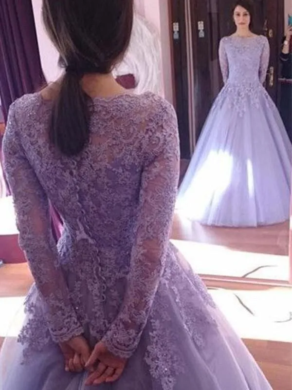 Bridelily Ball Gown Jewel Long Sleeves Floor-Length Lace Tulle Dresses