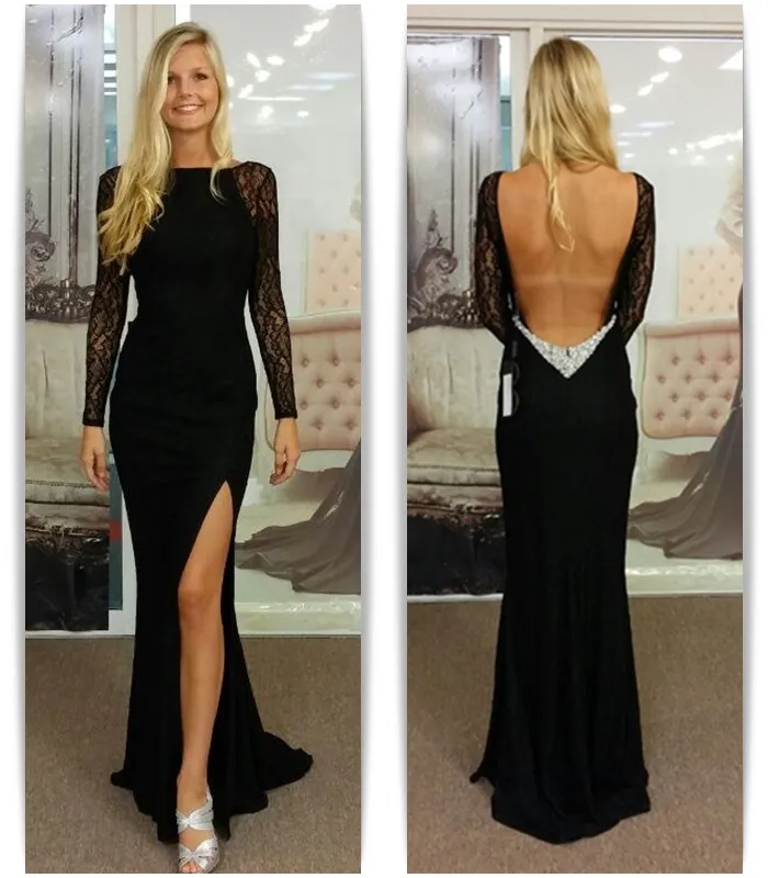 Bridelily Black Bateau Spandex Evening Dresses Backless Long Sleeves 2019 Prom Dresses