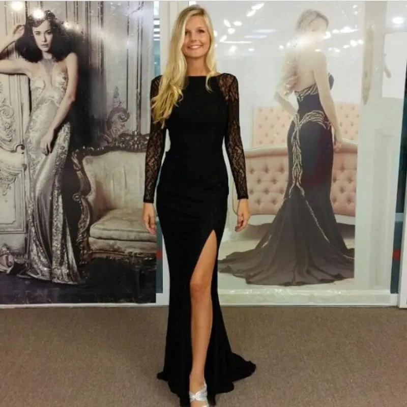 Bridelily Black Bateau Spandex Evening Dresses Backless Long Sleeves 2019 Prom Dresses