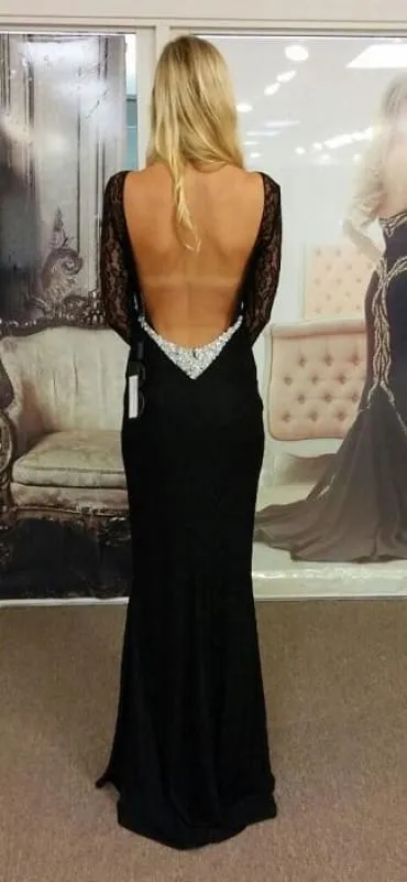 Bridelily Black Bateau Spandex Evening Dresses Backless Long Sleeves 2019 Prom Dresses