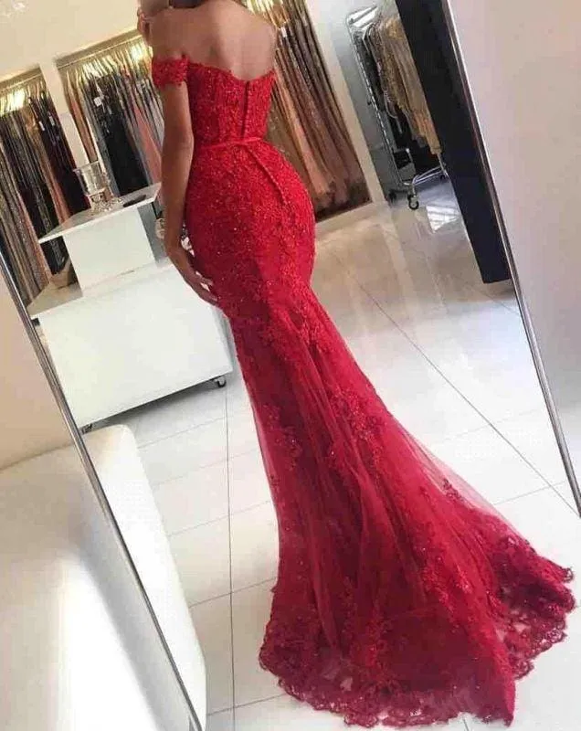 Bridelily Glamorous Off-the-shoulder Lace Appliques Red Mermaid Evening Dress