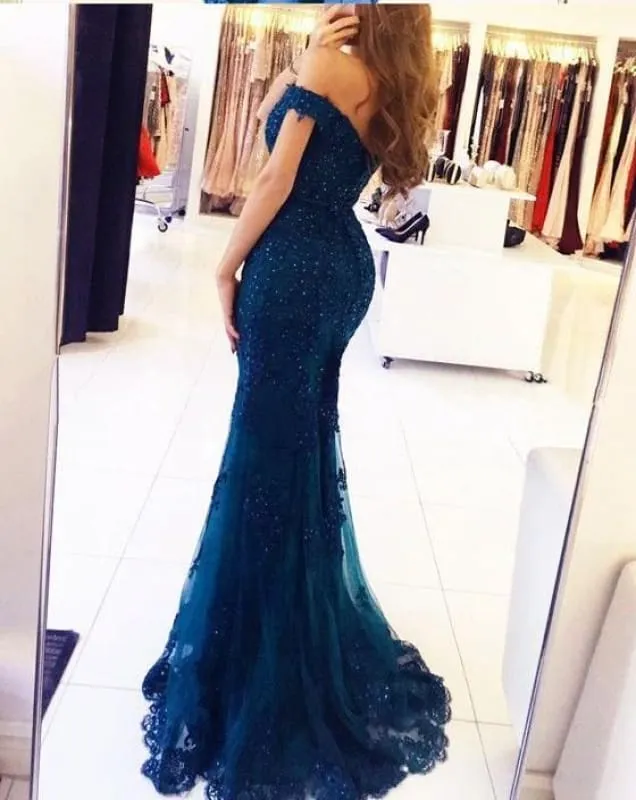 Bridelily Glamorous Off-the-shoulder Lace Appliques Red Mermaid Evening Dress