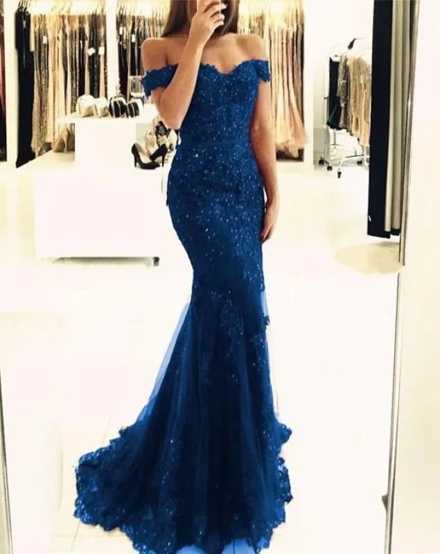 Bridelily Glamorous Off-the-shoulder Lace Appliques Red Mermaid Evening Dress