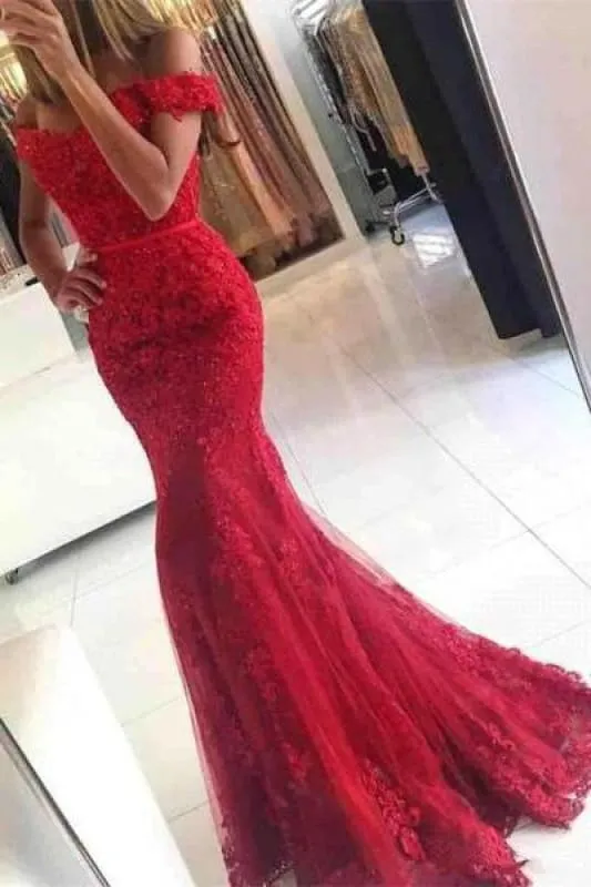 Bridelily Glamorous Off-the-shoulder Lace Appliques Red Mermaid Evening Dress