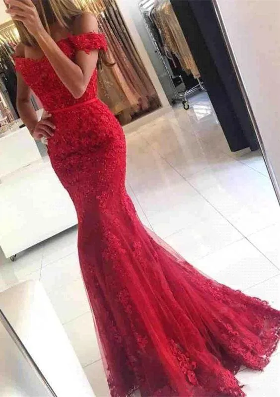 Bridelily Glamorous Off-the-shoulder Lace Appliques Red Mermaid Evening Dress