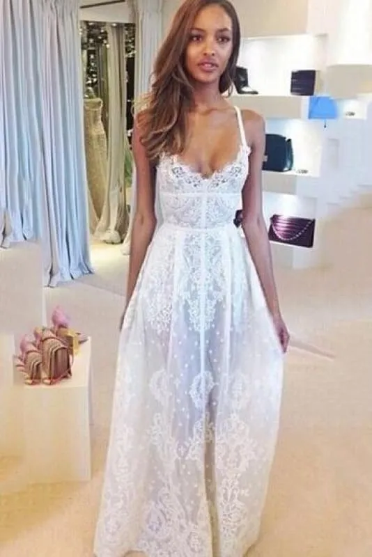 Bridelily Glamorous Sleeveless Spaghetti Straps Prom Dress With Lace Floor Length Evening Gowns BK0