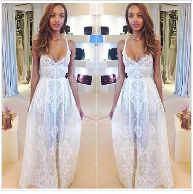 Bridelily Glamorous Sleeveless Spaghetti Straps Prom Dress With Lace Floor Length Evening Gowns BK0