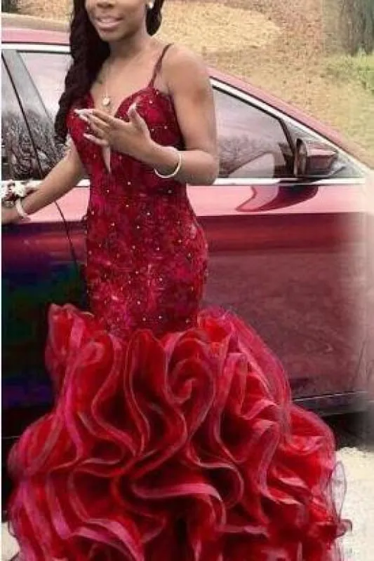Bridelily Red Beading Spaghettis-Straps Mermaid Open-Back Prom Dresses