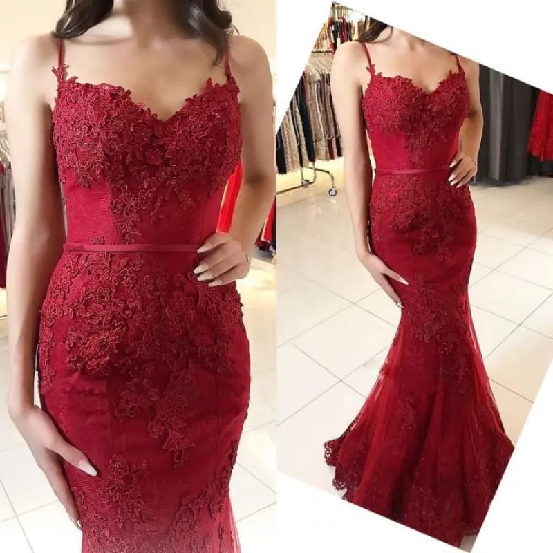 Bridelily Red Lace Appliques Prom Dress | 2020 Mermaid Formal Dress