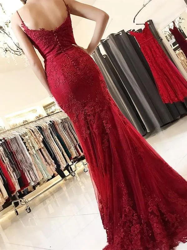 Bridelily Red Lace Appliques Prom Dress | 2020 Mermaid Formal Dress