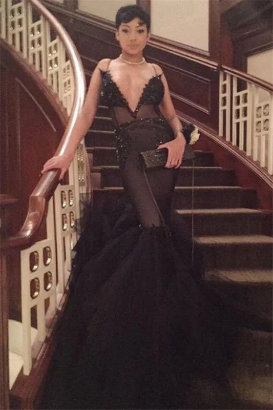 Bridelily Spaghetti Straps Black Deep V-neck Evening Dress 2019 Mermaid Sexy Cheap Prom Dress FB0017