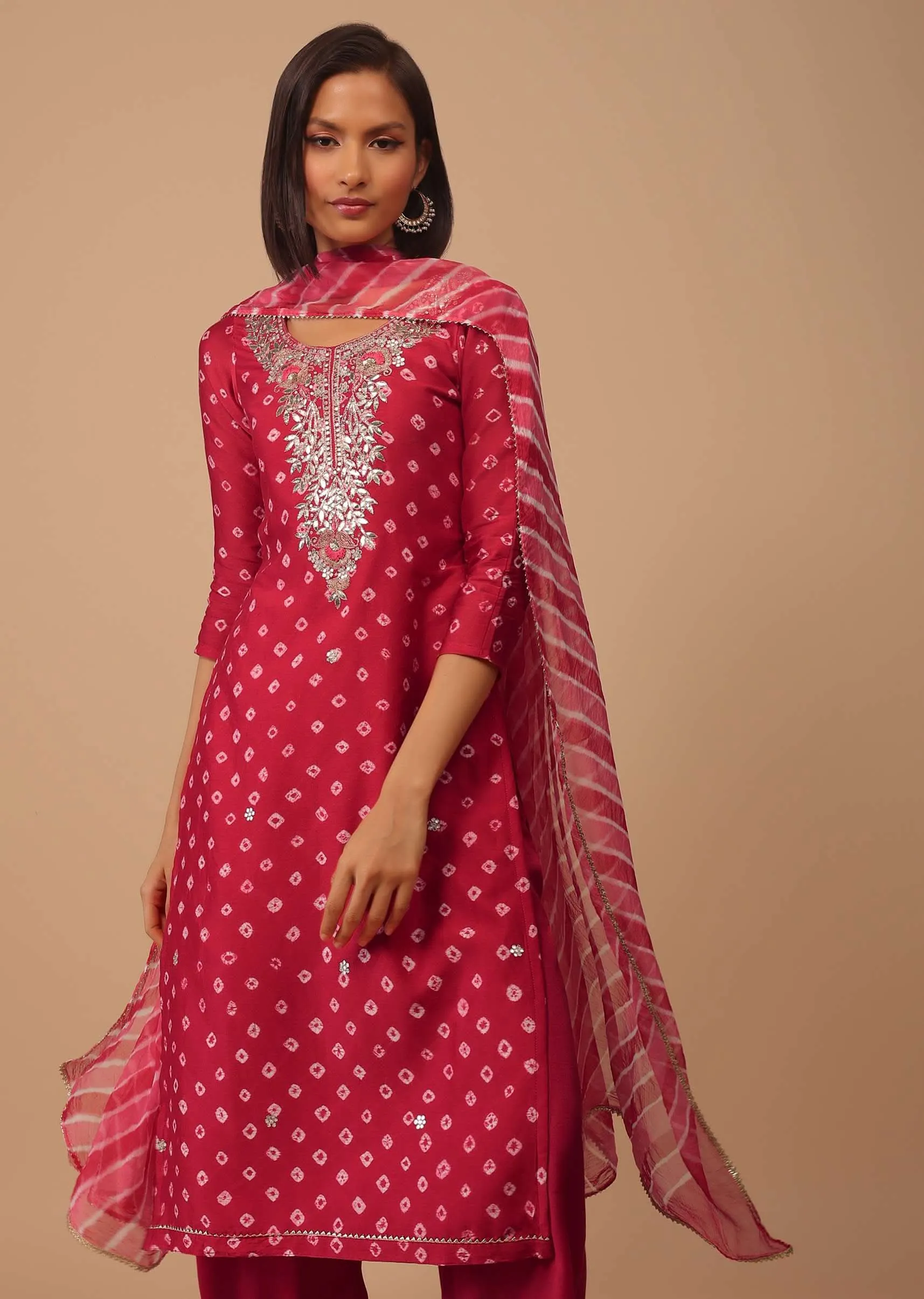 Carmine Red Embroidered Bandhani Printed Chanderi Palazzo Suit With Leheriya Dupatta