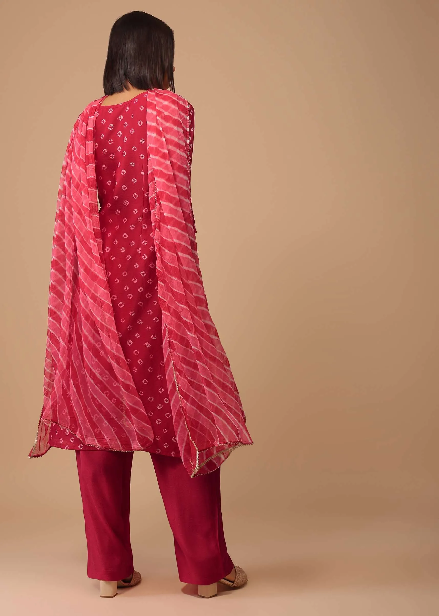 Carmine Red Embroidered Bandhani Printed Chanderi Palazzo Suit With Leheriya Dupatta