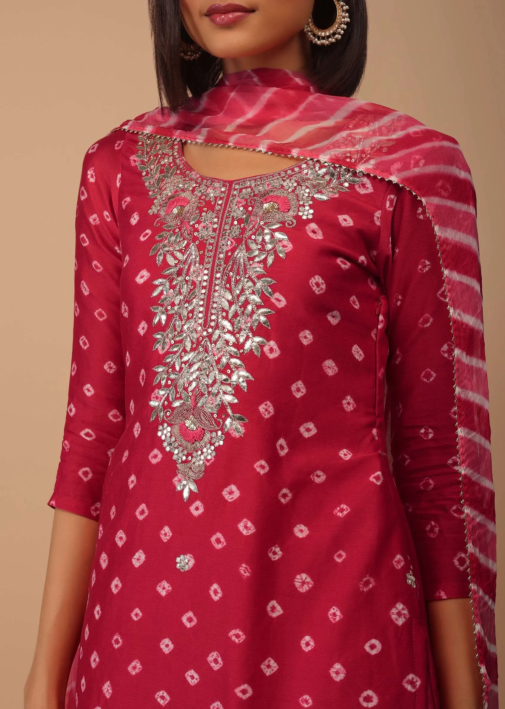 Carmine Red Embroidered Bandhani Printed Chanderi Palazzo Suit With Leheriya Dupatta