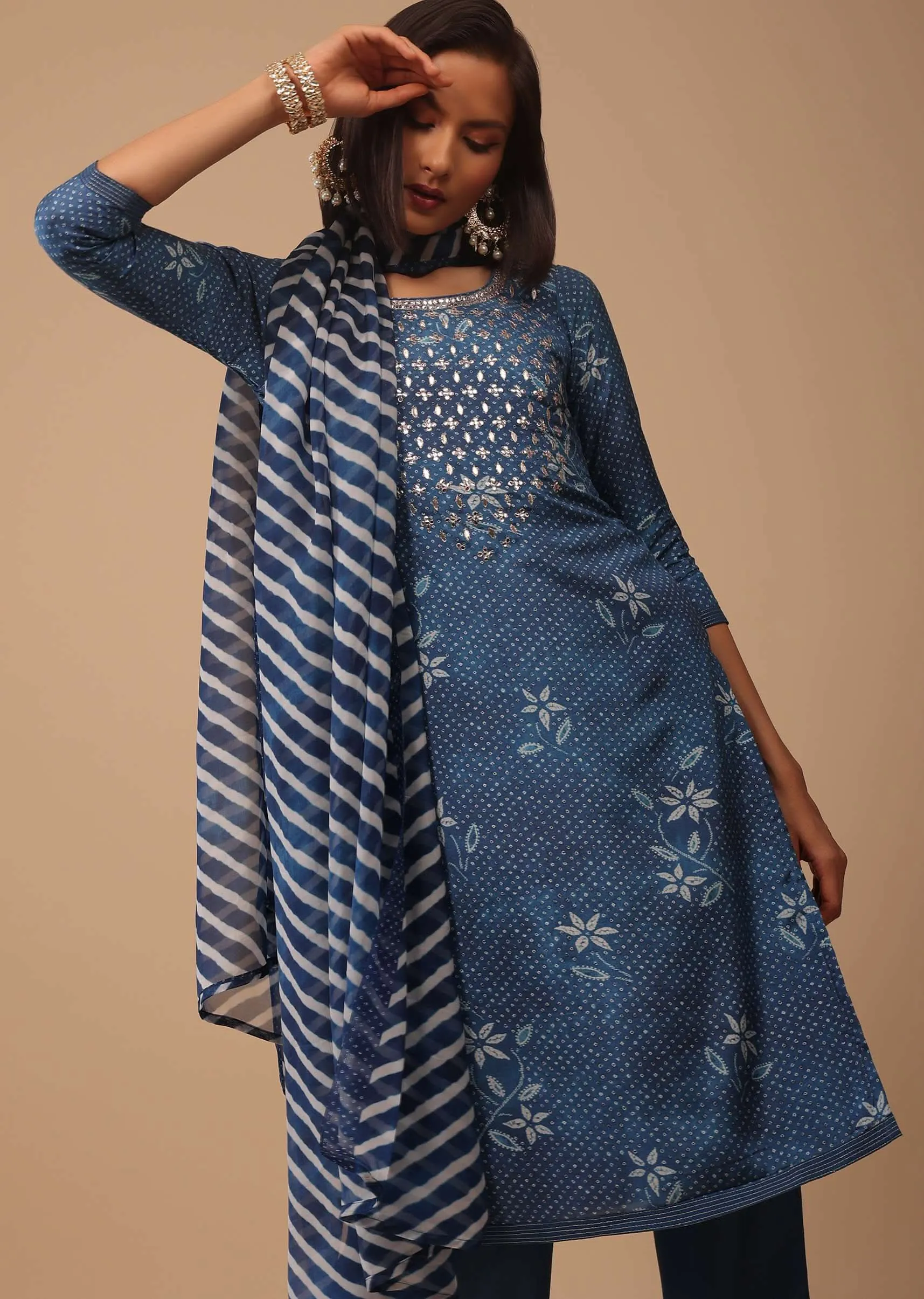 Cobalt Blue Bandhani Printed Cotton Palazzo Suit With Embroidery