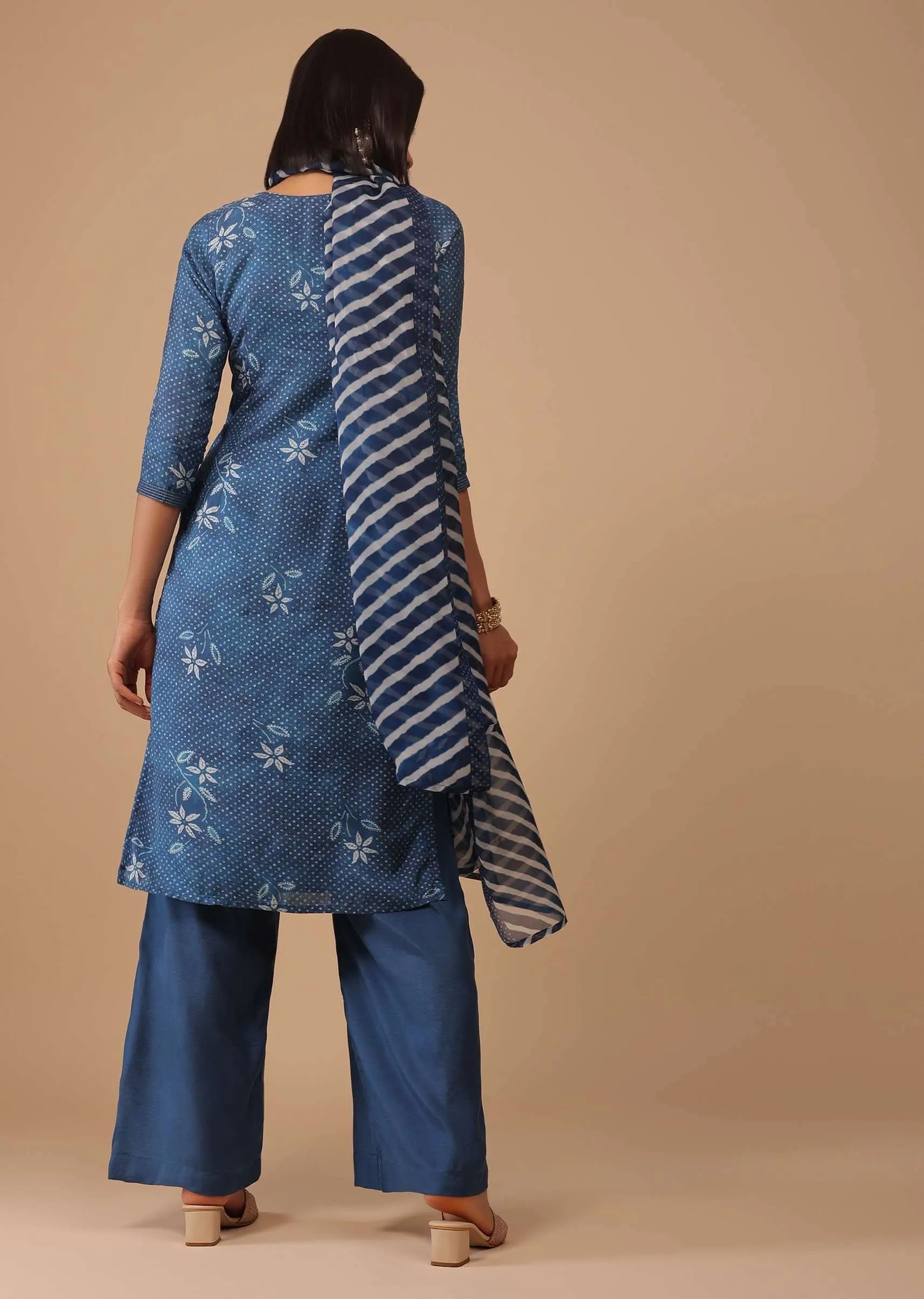 Cobalt Blue Bandhani Printed Cotton Palazzo Suit With Embroidery