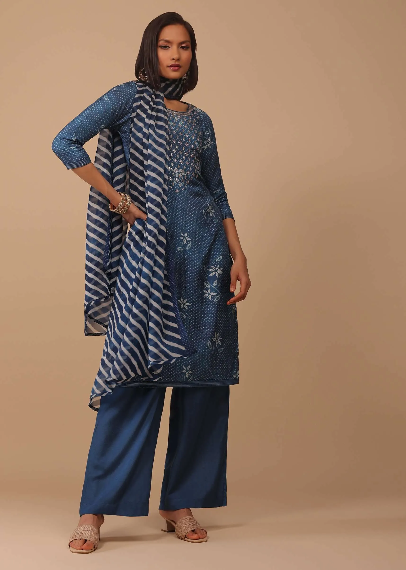 Cobalt Blue Bandhani Printed Cotton Palazzo Suit With Embroidery