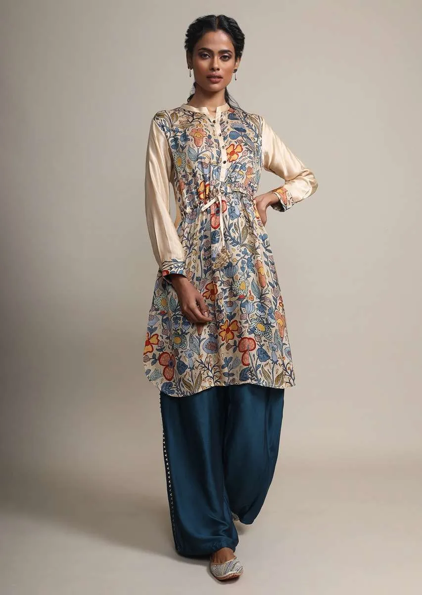 Cream Floral Printed Suit With Contrasting Peacock Blue Palazzo Pants