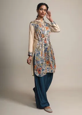 Cream Floral Printed Suit With Contrasting Peacock Blue Palazzo Pants