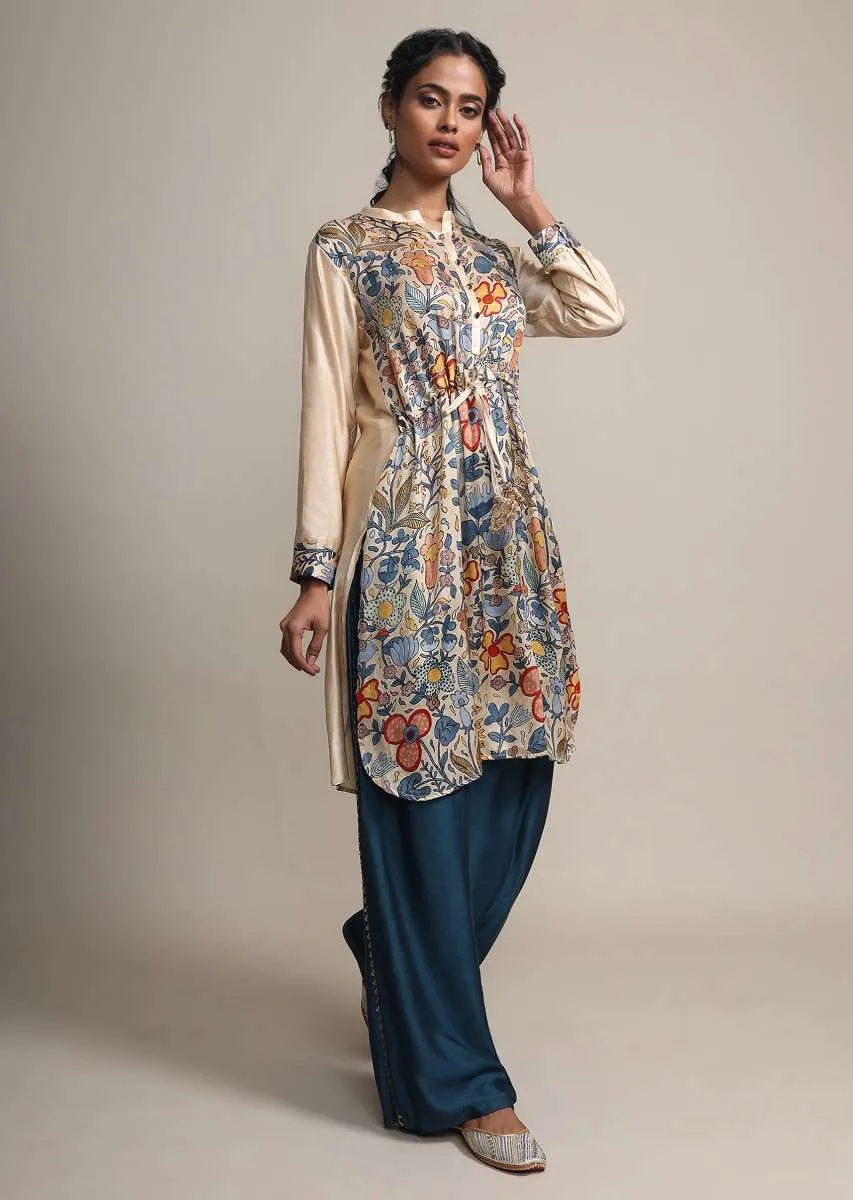 Cream Floral Printed Suit With Contrasting Peacock Blue Palazzo Pants