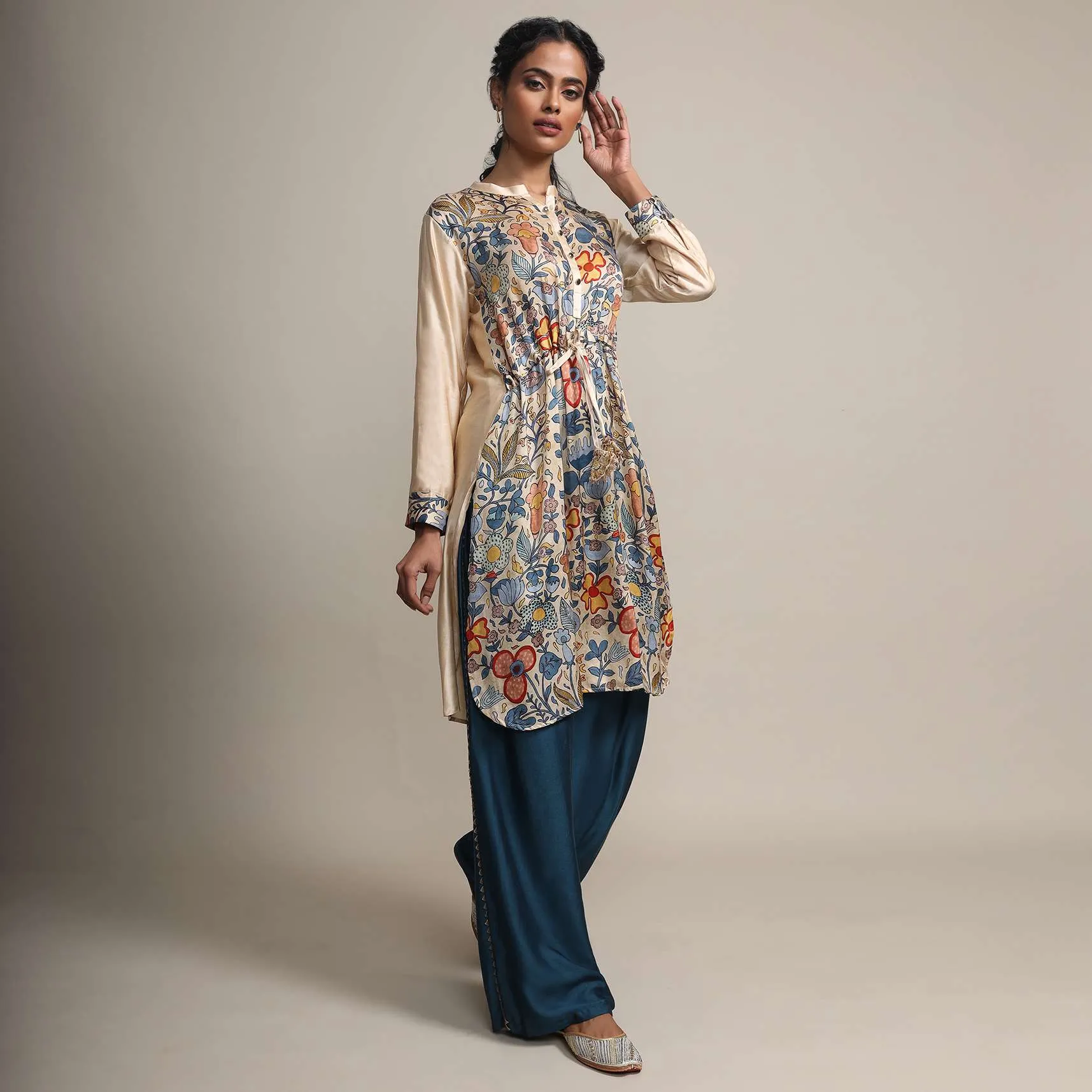 Cream Floral Printed Suit With Contrasting Peacock Blue Palazzo Pants